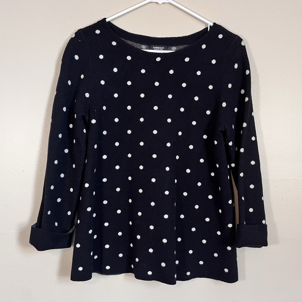 Jones New York Womens Sweater Size M Retro Polka Dot Black White Long Sleeve